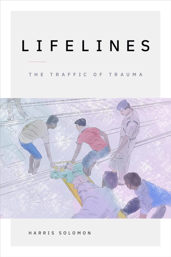 A cartoon of several men lifting a stretcher carrying a person, while a police officer looks down at them
